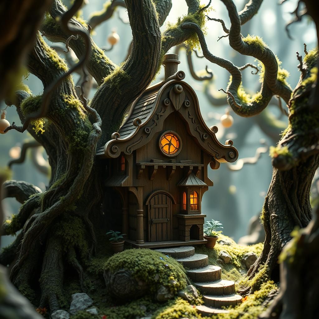 Enchanted Miniature Fairy House in Ancient Forest