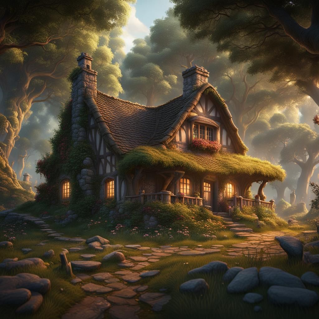 Cozy Cottage in Forest Clearing: Fantasy Concept Art