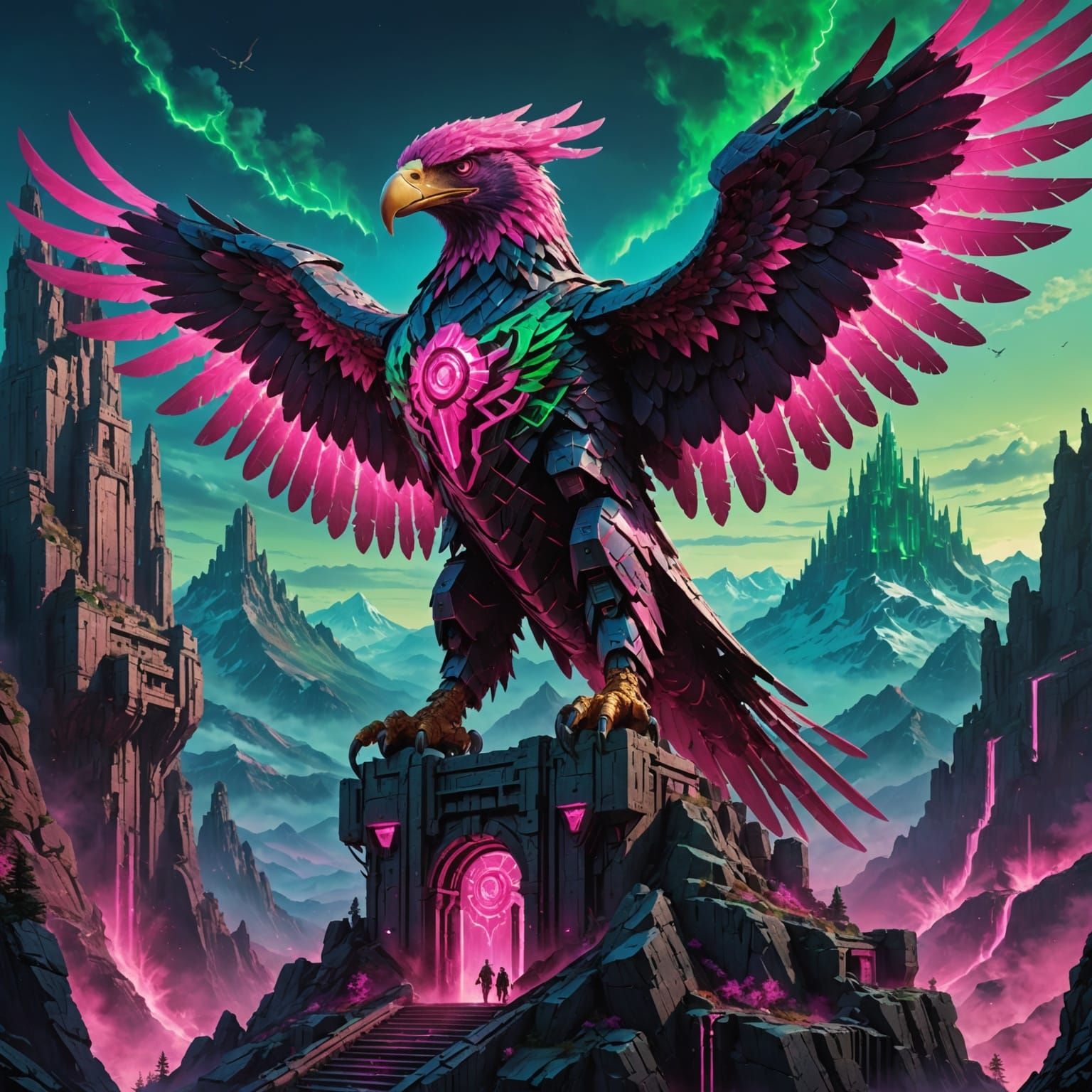 Mechanical Eagle Fortress in Neon Mountain Landscape