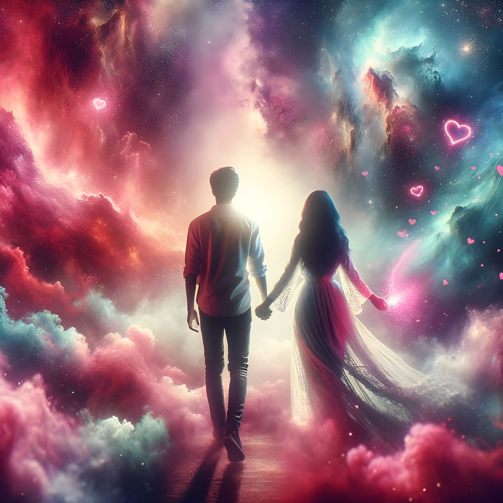 Epic Space Lovers in a Celestial Rain of Pink Hearts
