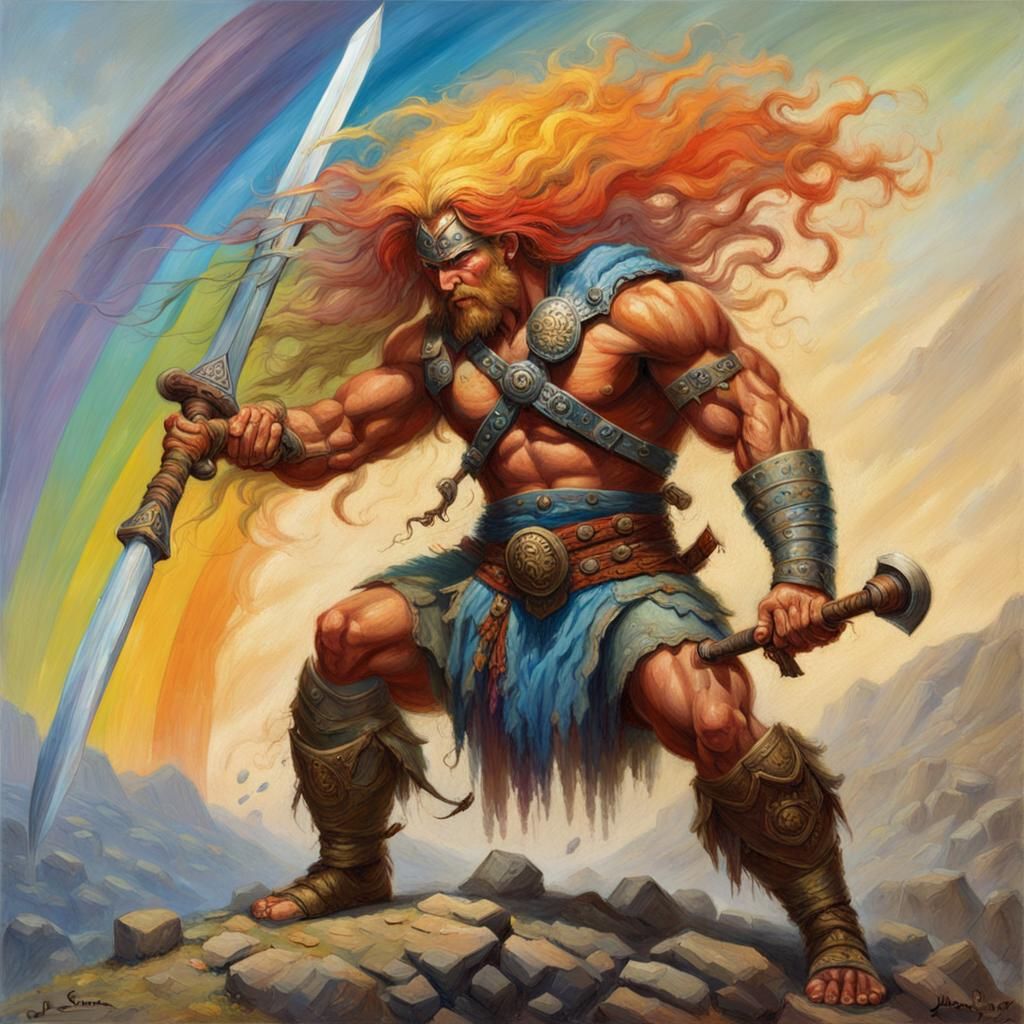 Rainbow Haired Barbarian Warrior: Oil Painting