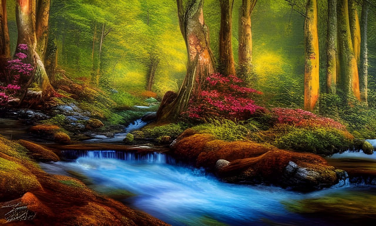 Untouched Forest at Sunset in Mixed Media Style