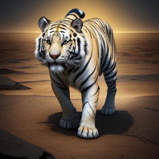 White Bengal Tiger Walks Across Cracked Earth in Splash Art ...