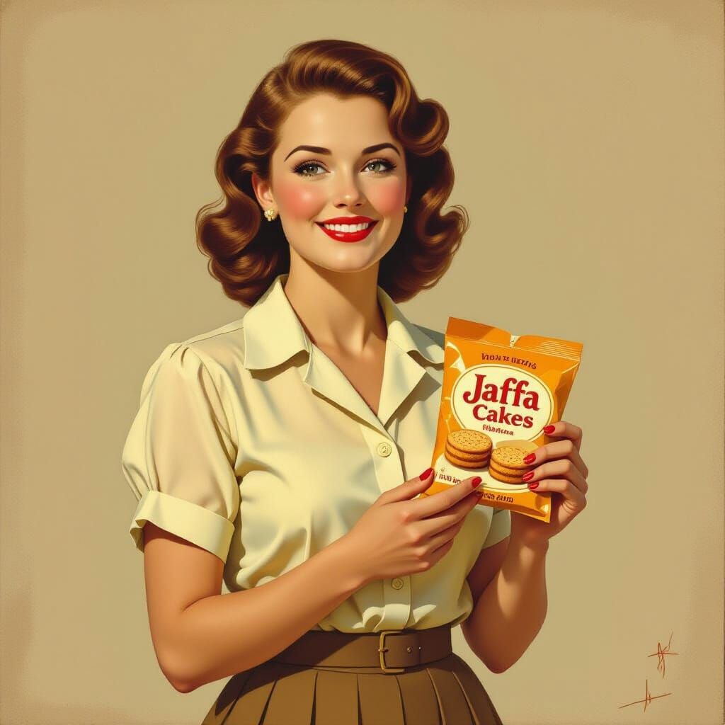 Woman with Jaffa Cakes in Rockwell-esque Illustration