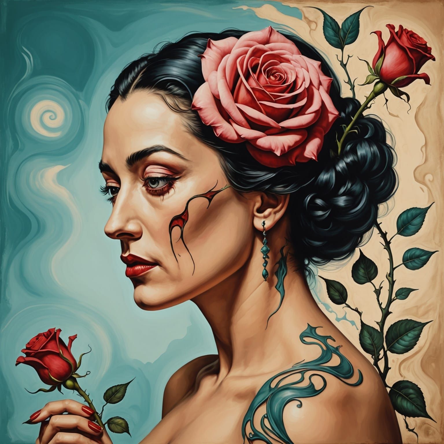 Surreal Rose Thigh Tattoo in Salvador Dali Style