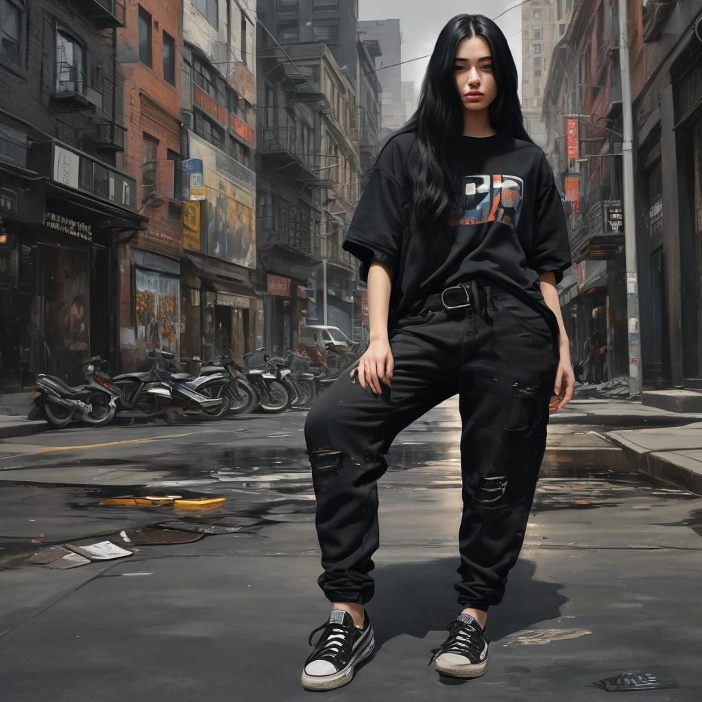 Girl in Baggy Clothes on Dark City Street