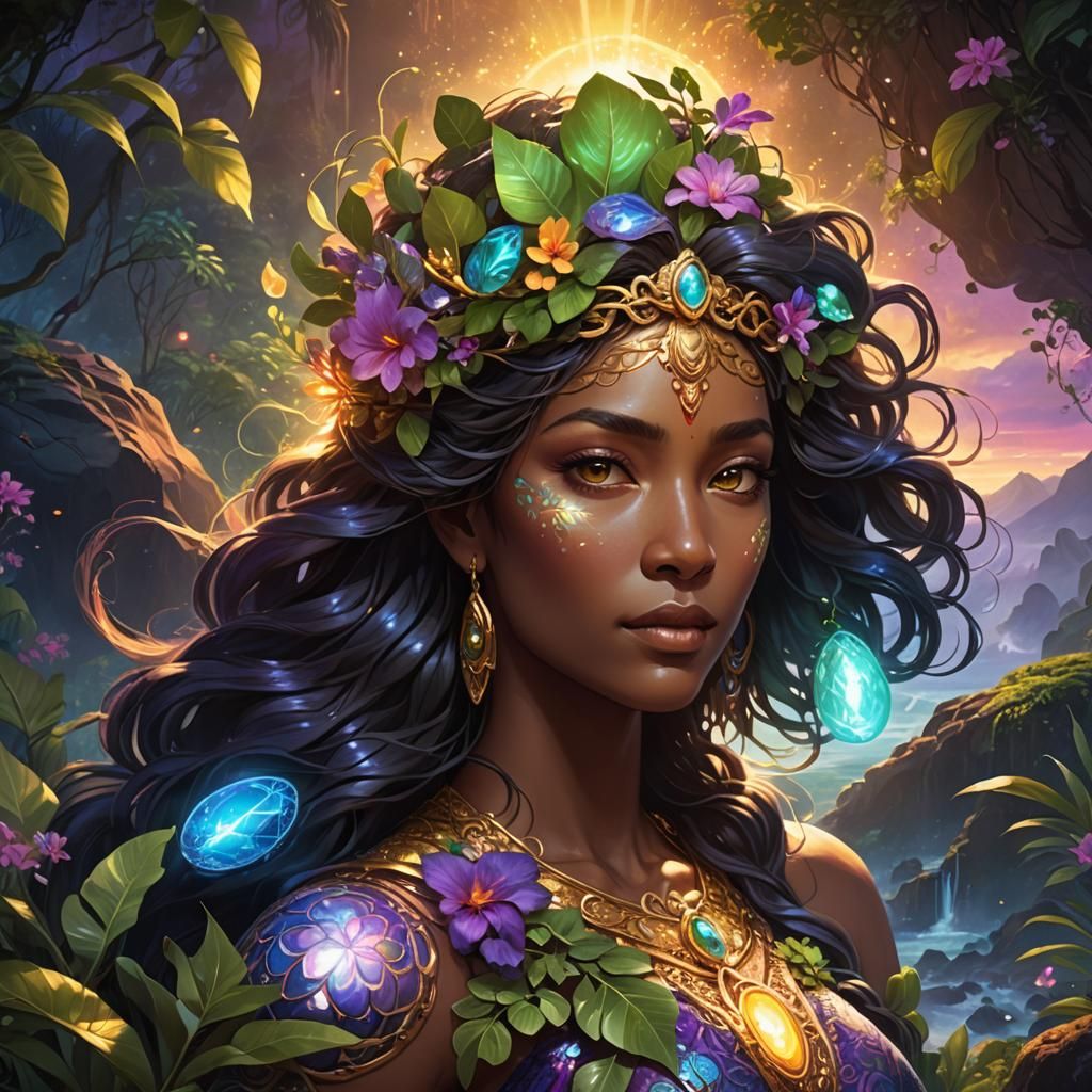 Goddess with Glowing Pebble in Volcanic Landscape