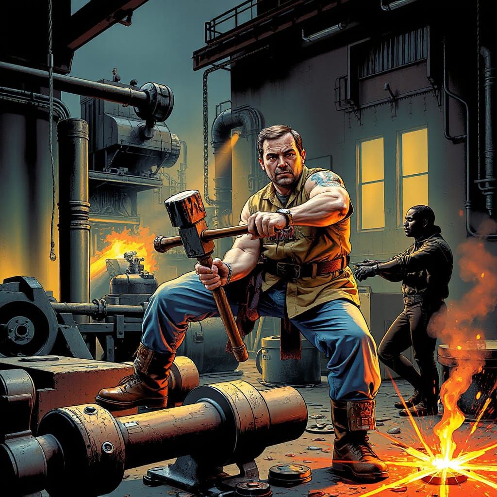 Hammer Operator Raging in Factory, Comic Book Art
