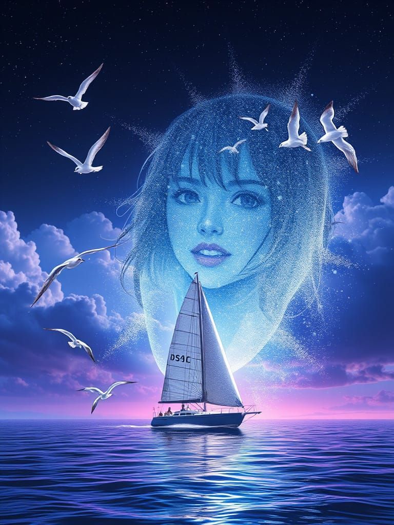 Anime Sailboat Sails on the Dreamy Double Exposure Sea