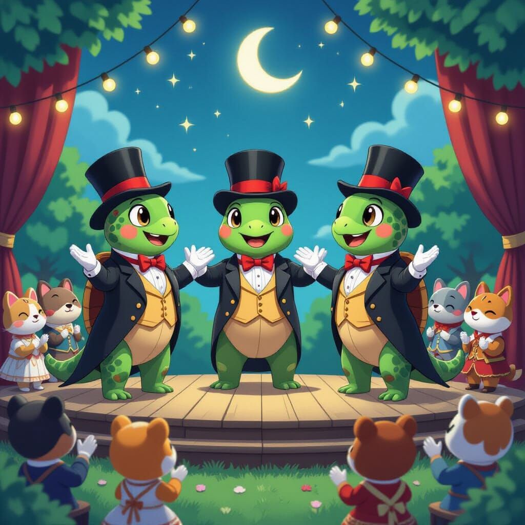 Anthropomorphic Turtles Sing Opera in Watercolor Style