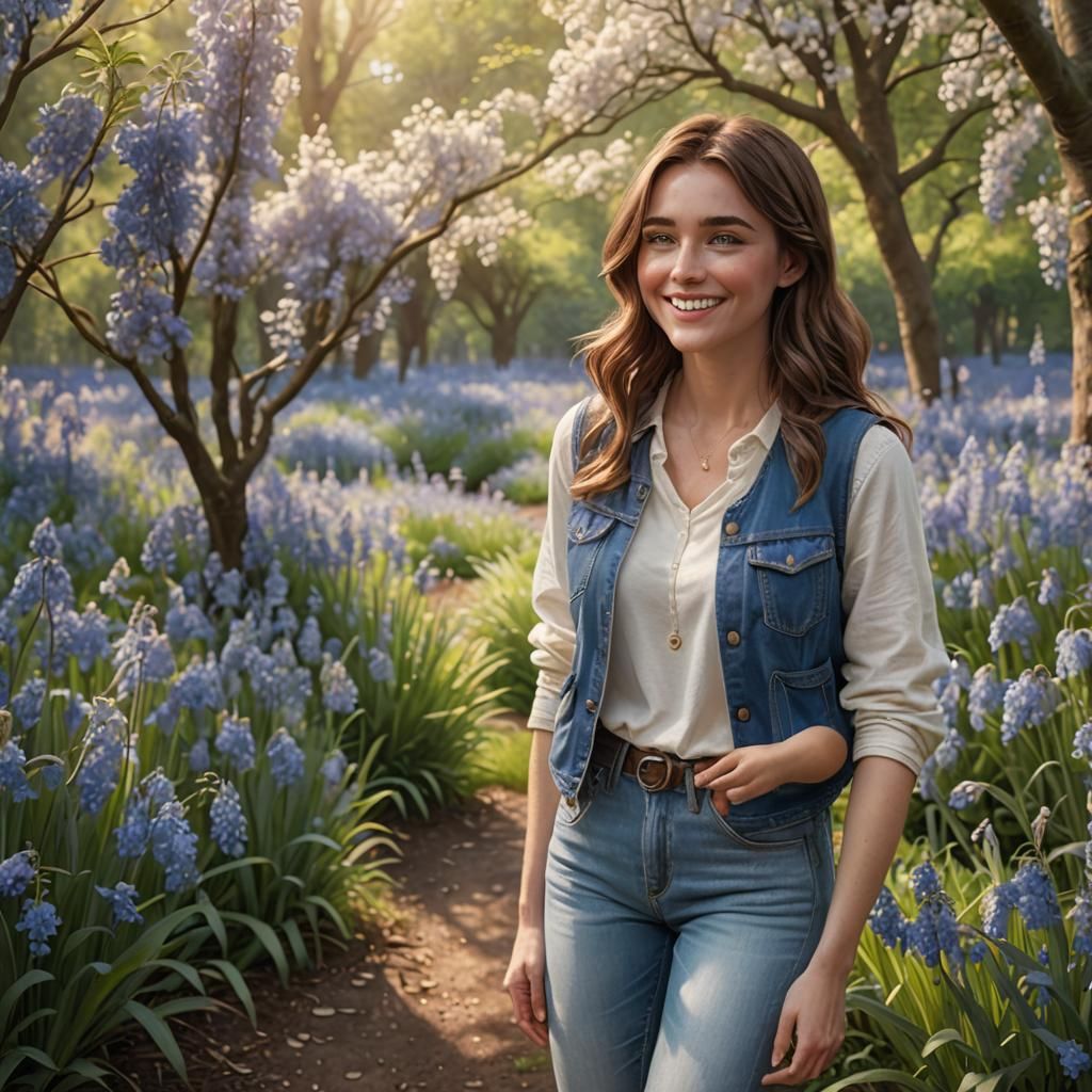 Comforting Smiling Woman in Lush Bluebell Garden