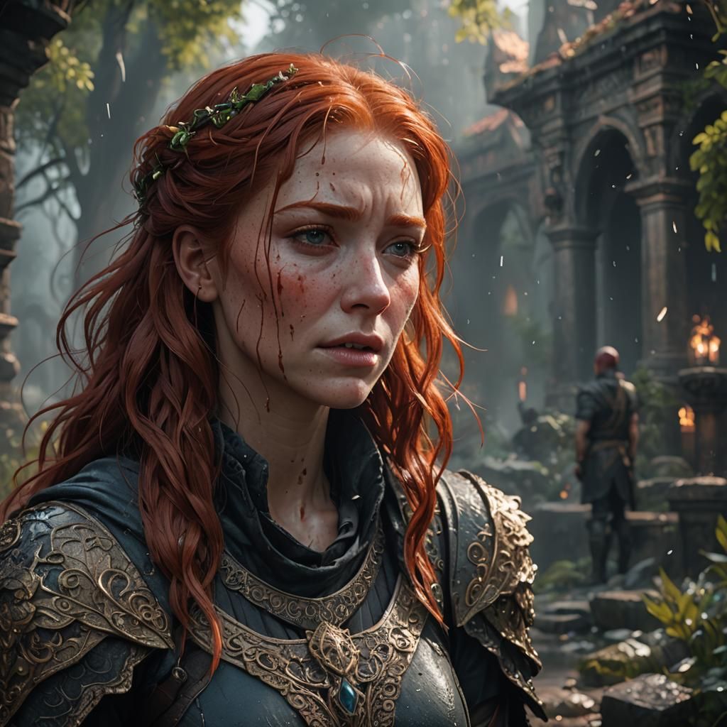 Redhead Girl Crying: Detailed Matte Painting