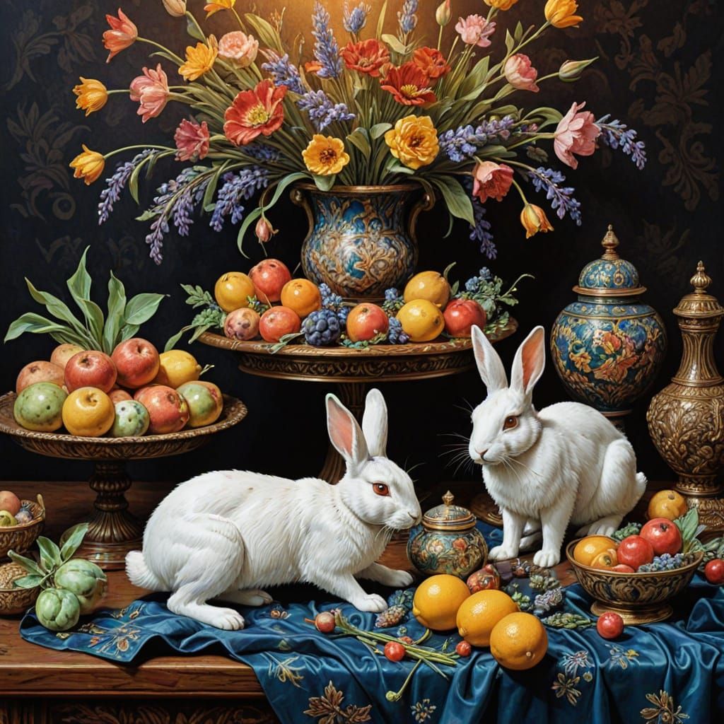 Majolica Masterpiece: Vibrant Still Life with Rabbits