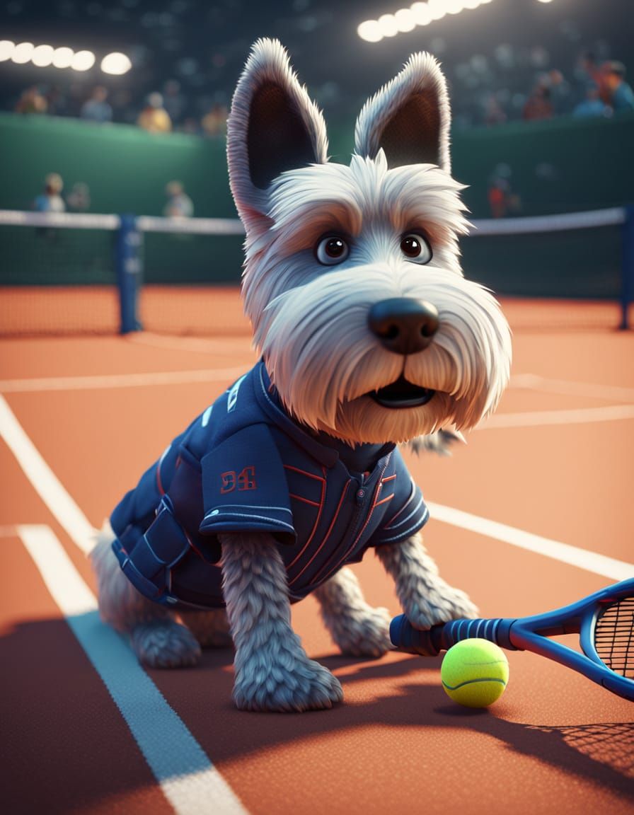 A close up of a Scottie dog dressed in a tennis outfit holding a tennis racquet standing by the net of a tennis court. H...