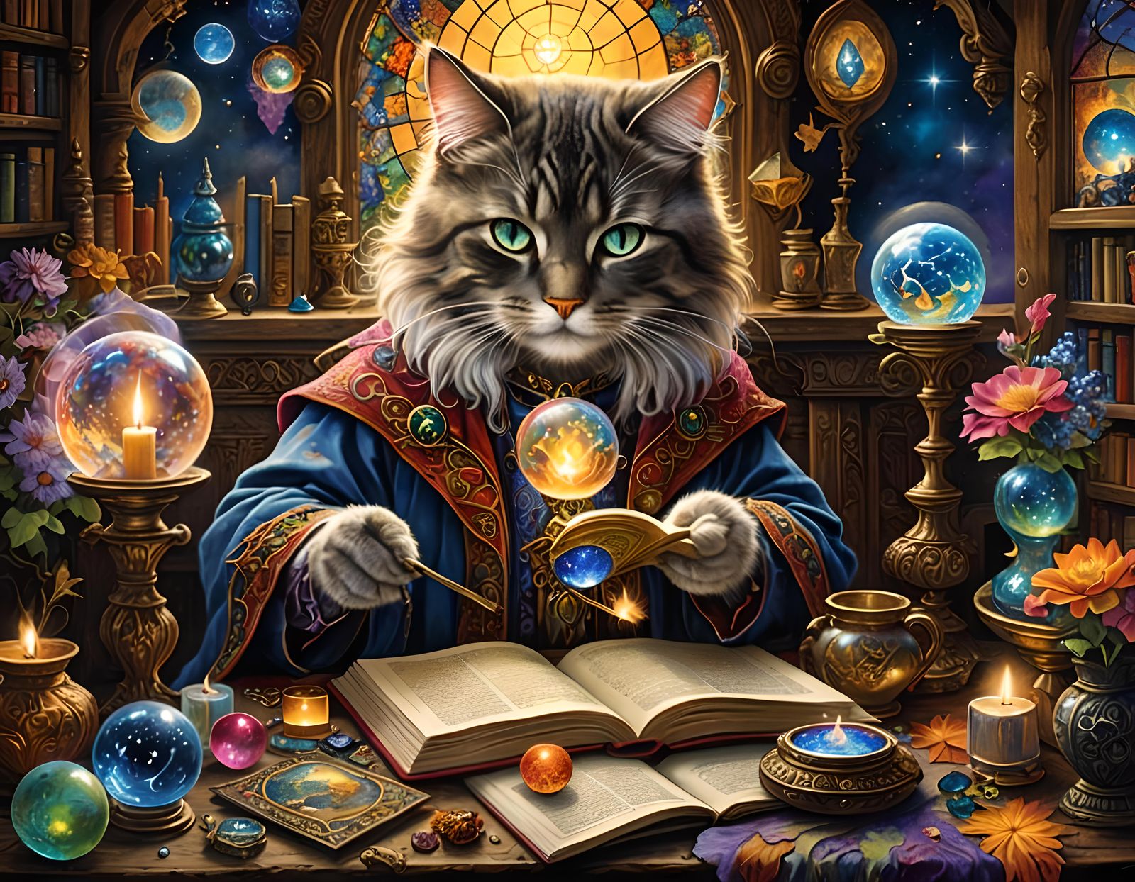 Cat Wizard in Sorcerer's Study: Digital Painting