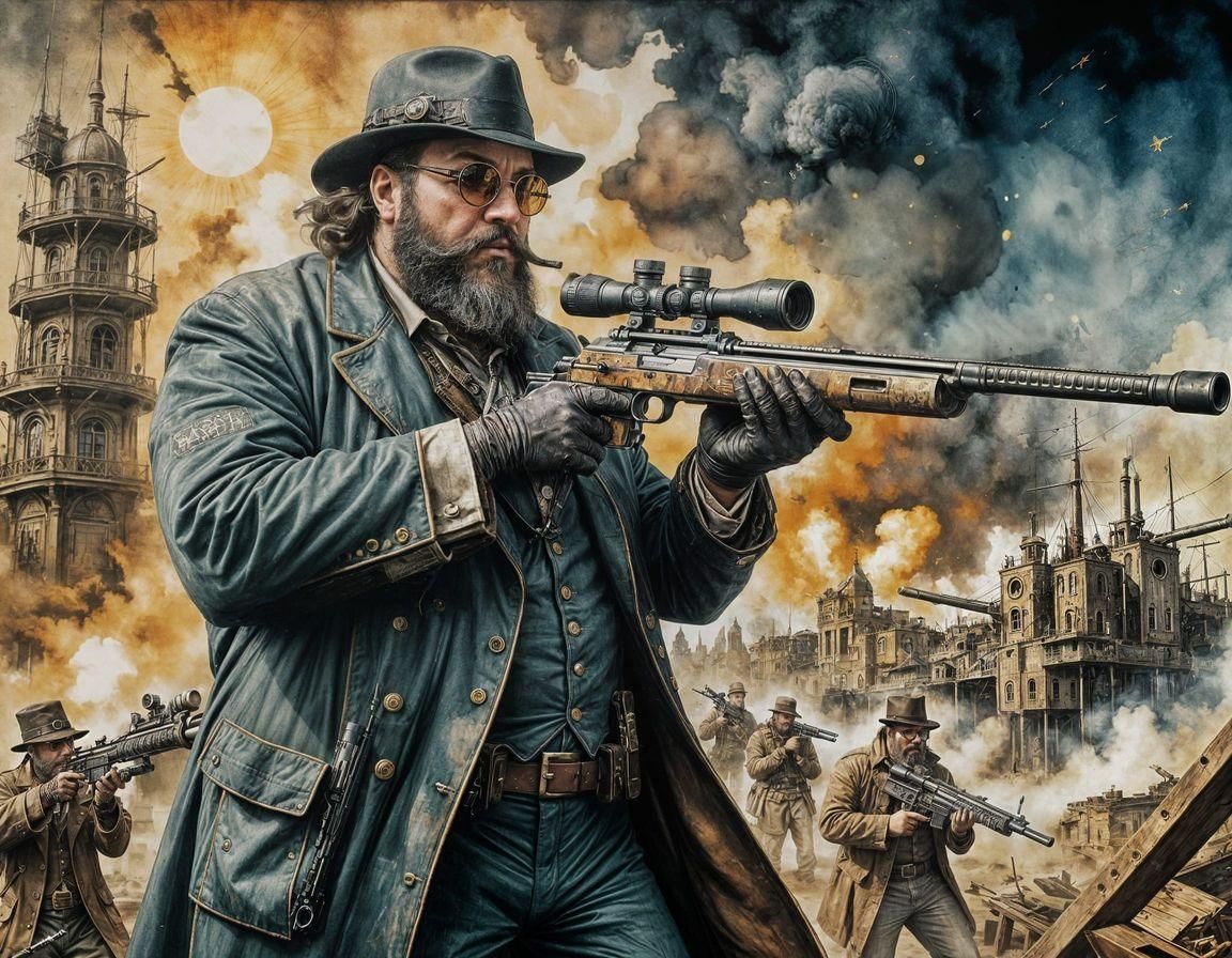 Steampunk Sniper in Ink Painting and Watercolor