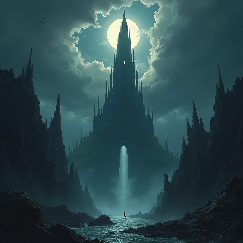 Eldritch Tower Beneath Stormy Moonlit Skies in Dark Fantasy...
