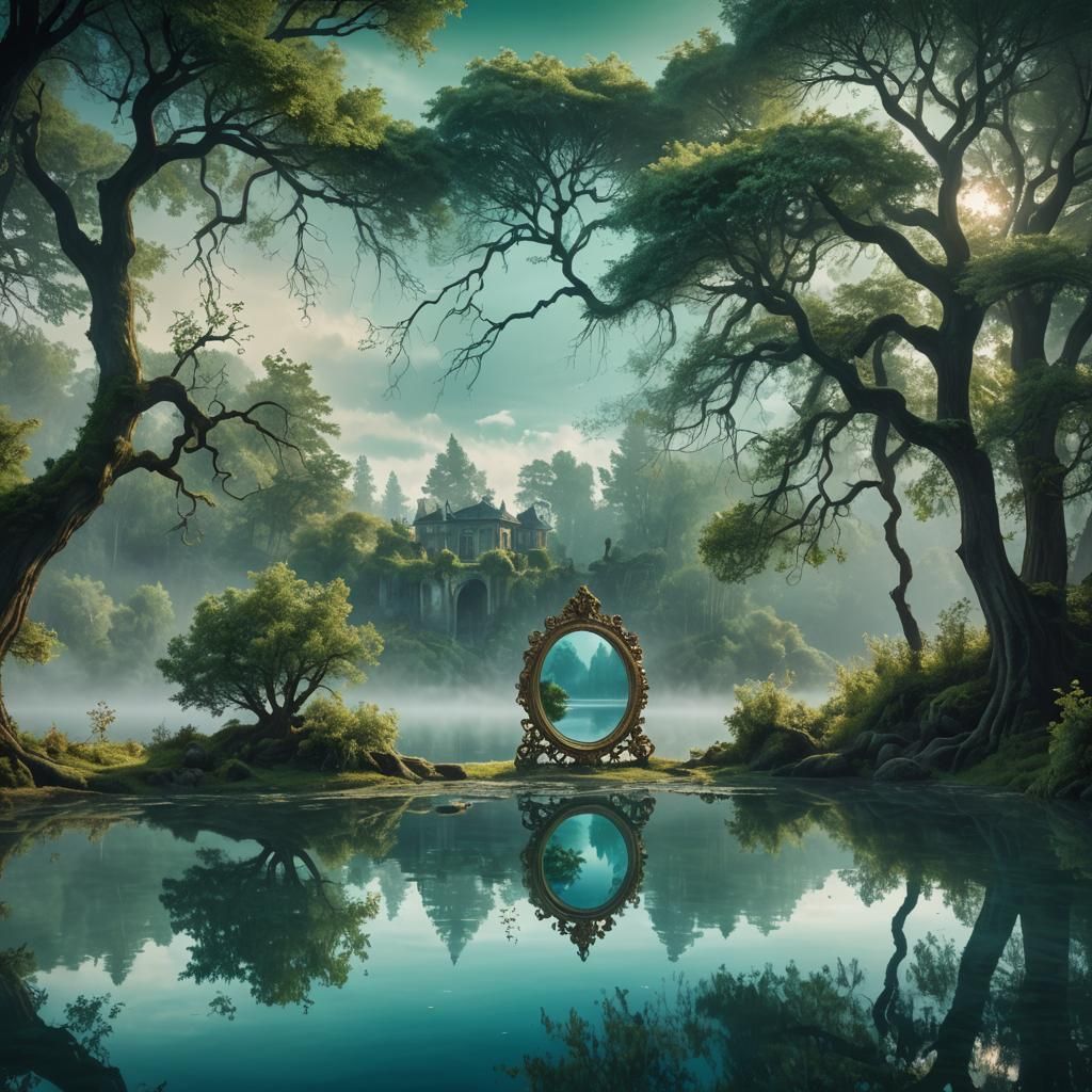 Ethereal Lake Reflected in Bedroom Mirror