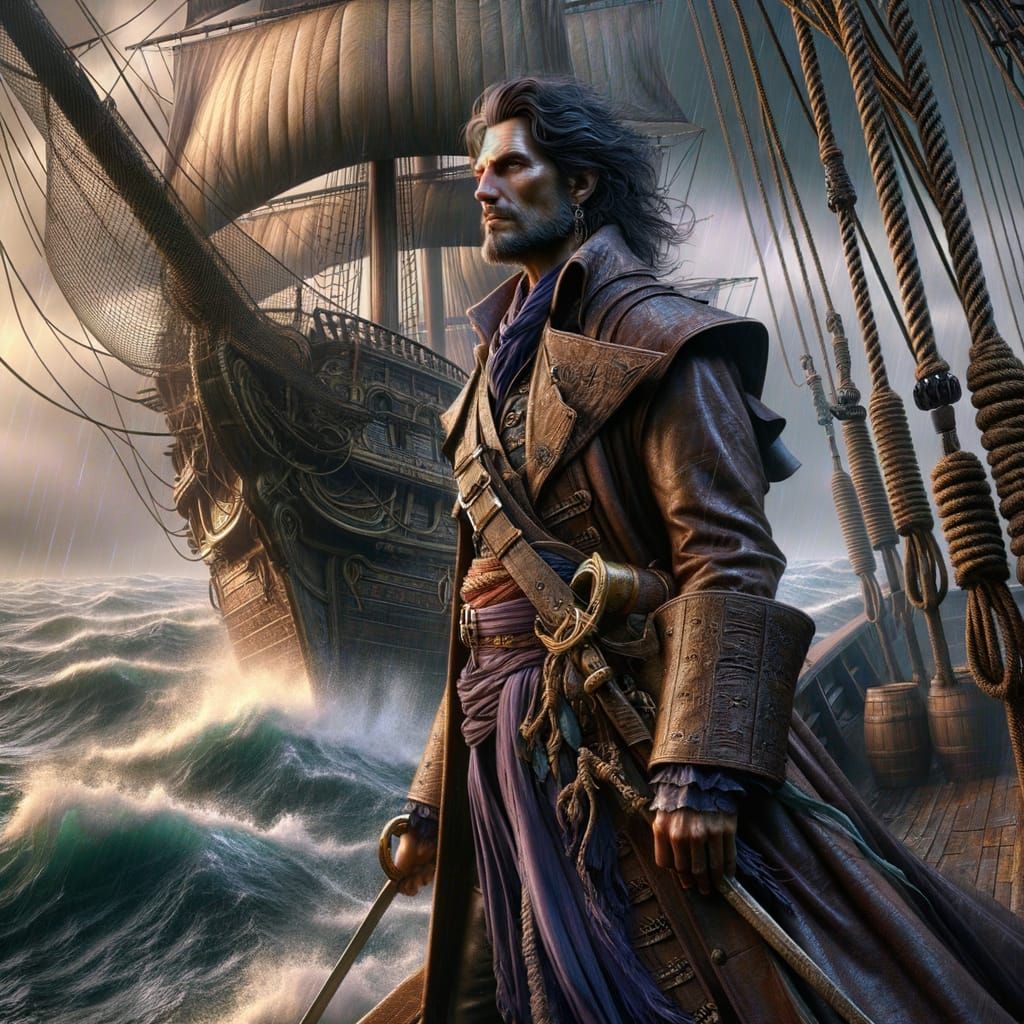 Stoic Pirate Captain on Galleon Ship, Art Nouveau Digital Ar...