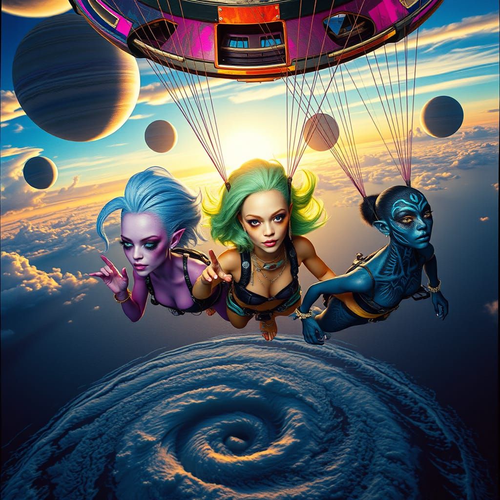 Alien Females Parachute from Glowing Spacecraft Amidst Plane...