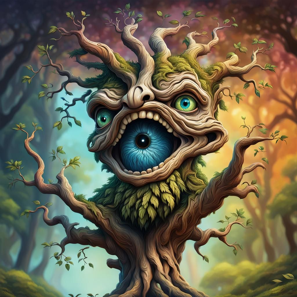 Anthropomorphic Tree Creature in Detailed Forest Scene