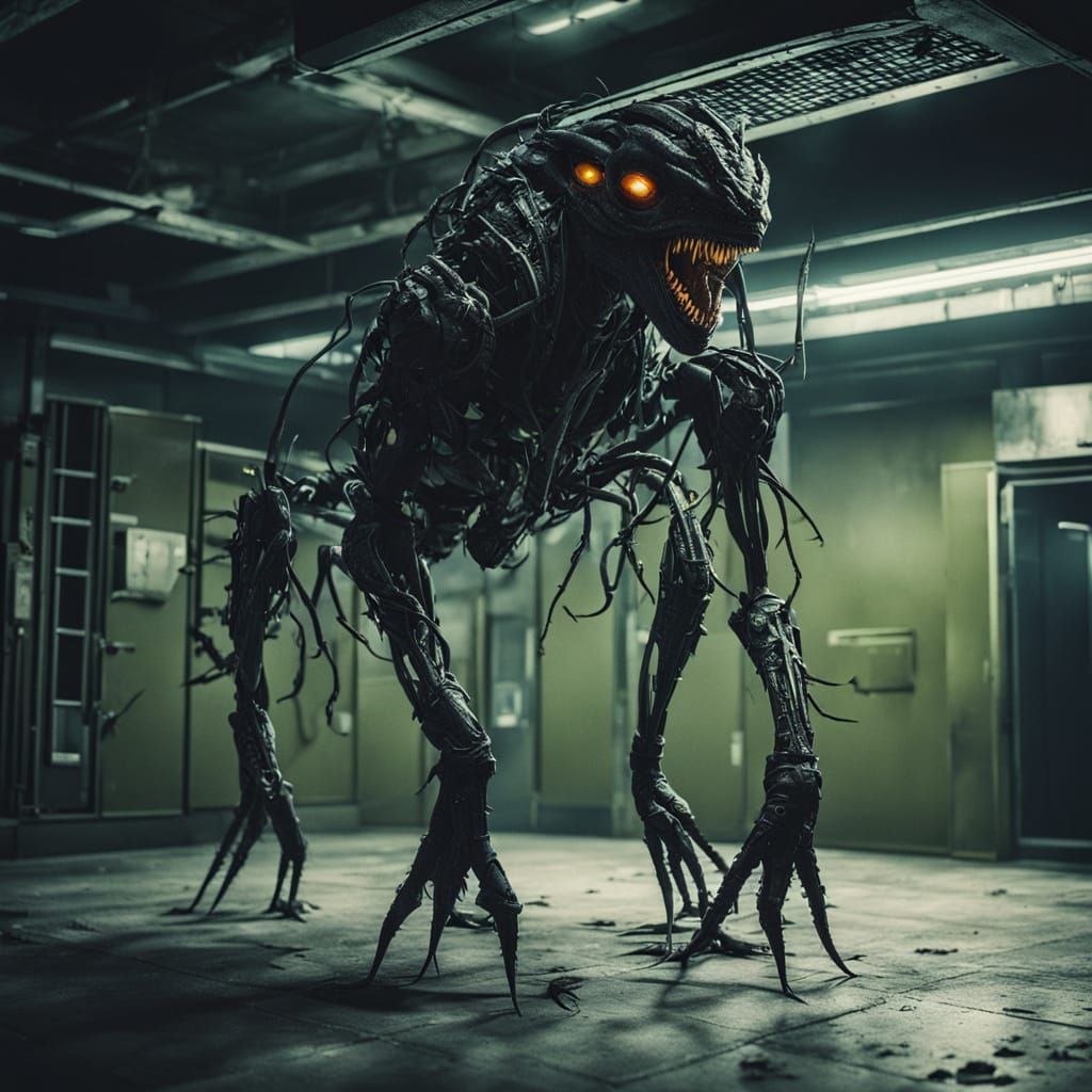 Epic Sci-Fi Alien in a Dark, Atmospheric Metal Corridor