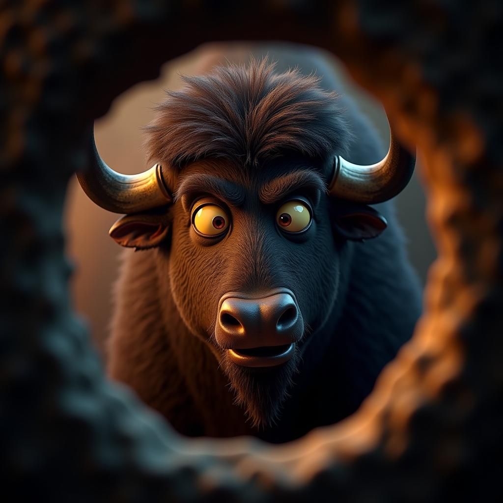 Sinister Buffalo-Man Hybrid Peering Through Peephole