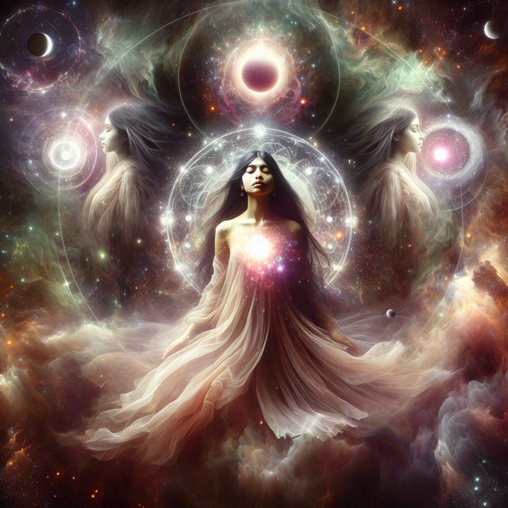 Cosmic Surrealism: Woman Ascending in Spiritual Galaxy