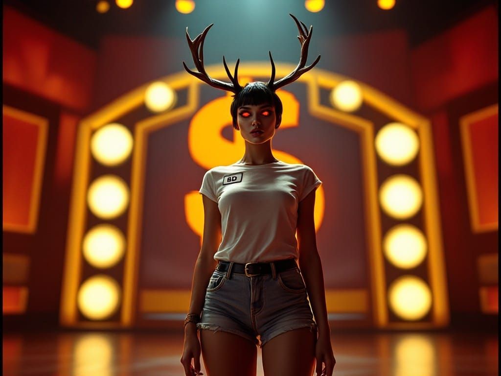 Stag-Antlered Woman on Retro Game Show Stage