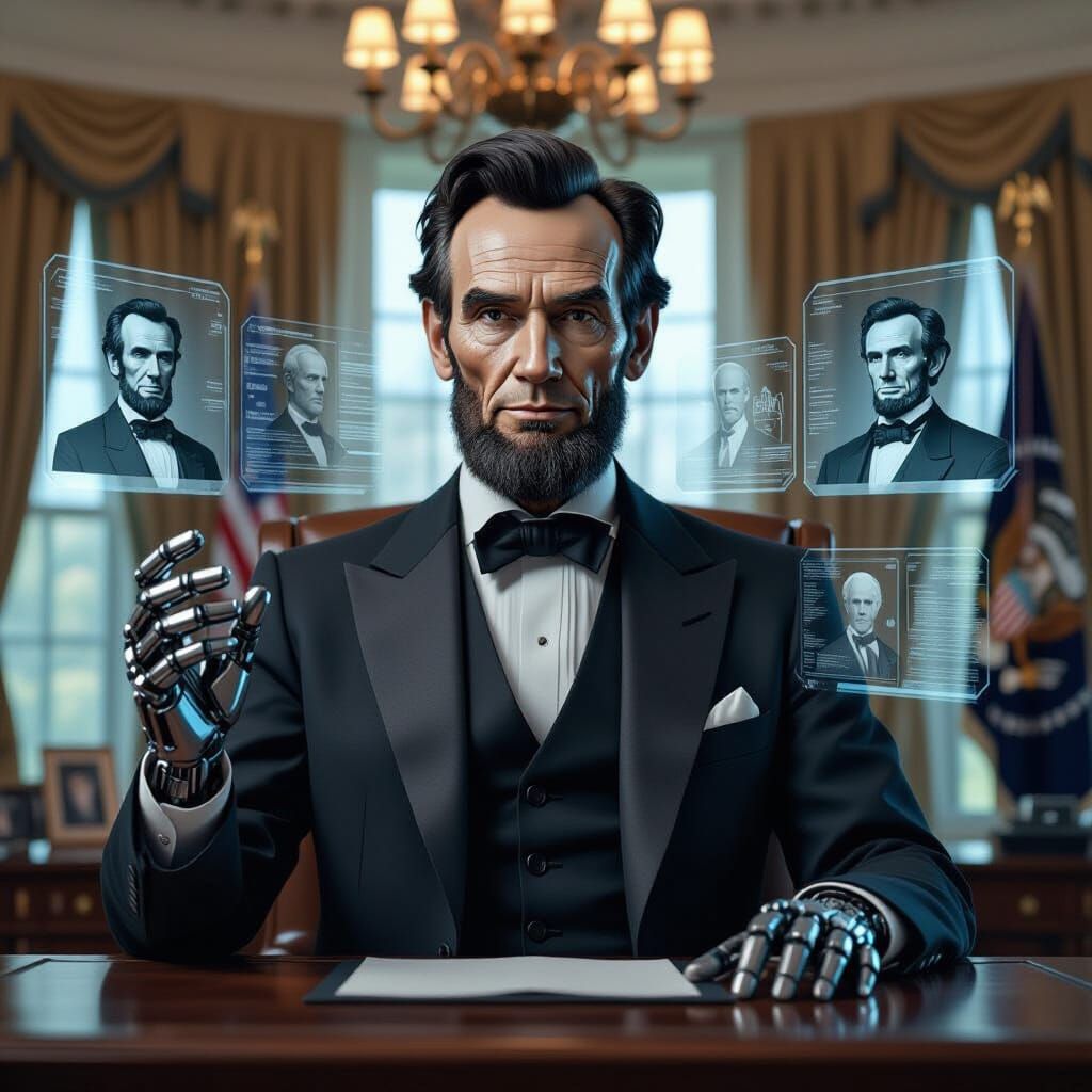 Cyborg Abraham Lincoln in Retro-Futuristic Oval Office