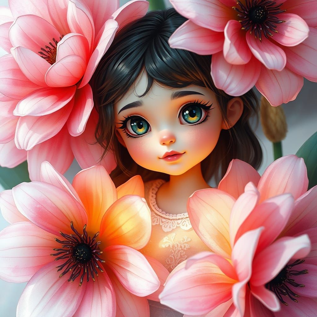 Beautiful Girl Among Giant Flowers in Watercolor Style