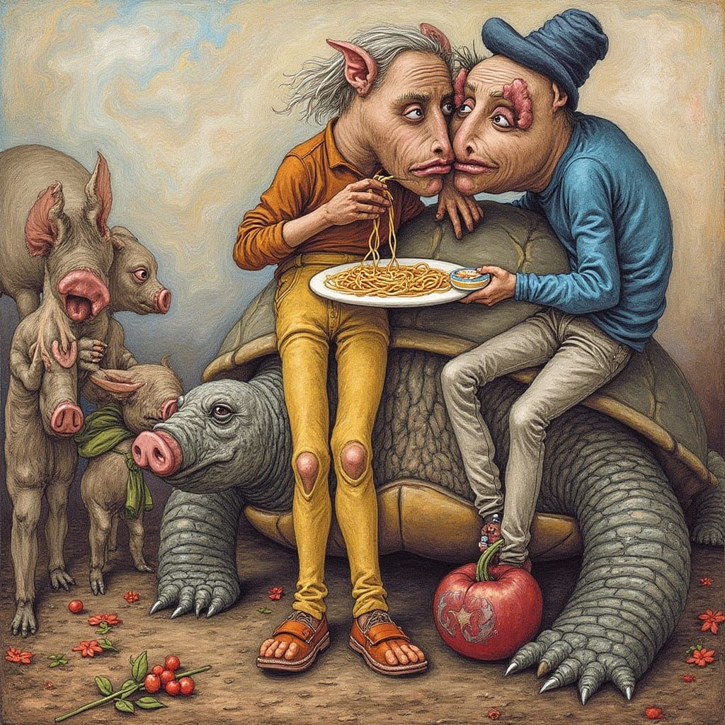 Balloon Man on Turtle Savoring Pasta, Surreal Art