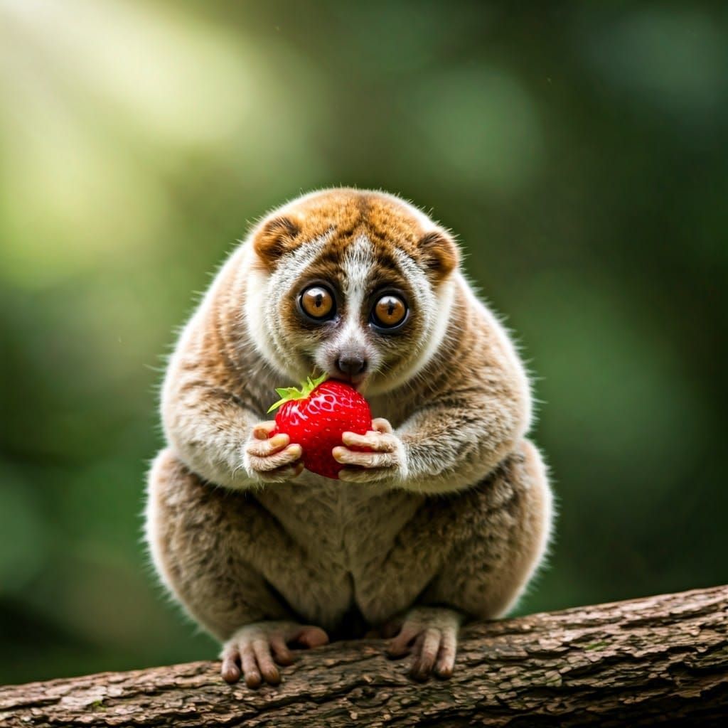 Whimsical Forest Scene: Slow Loris Savoring Strawberry