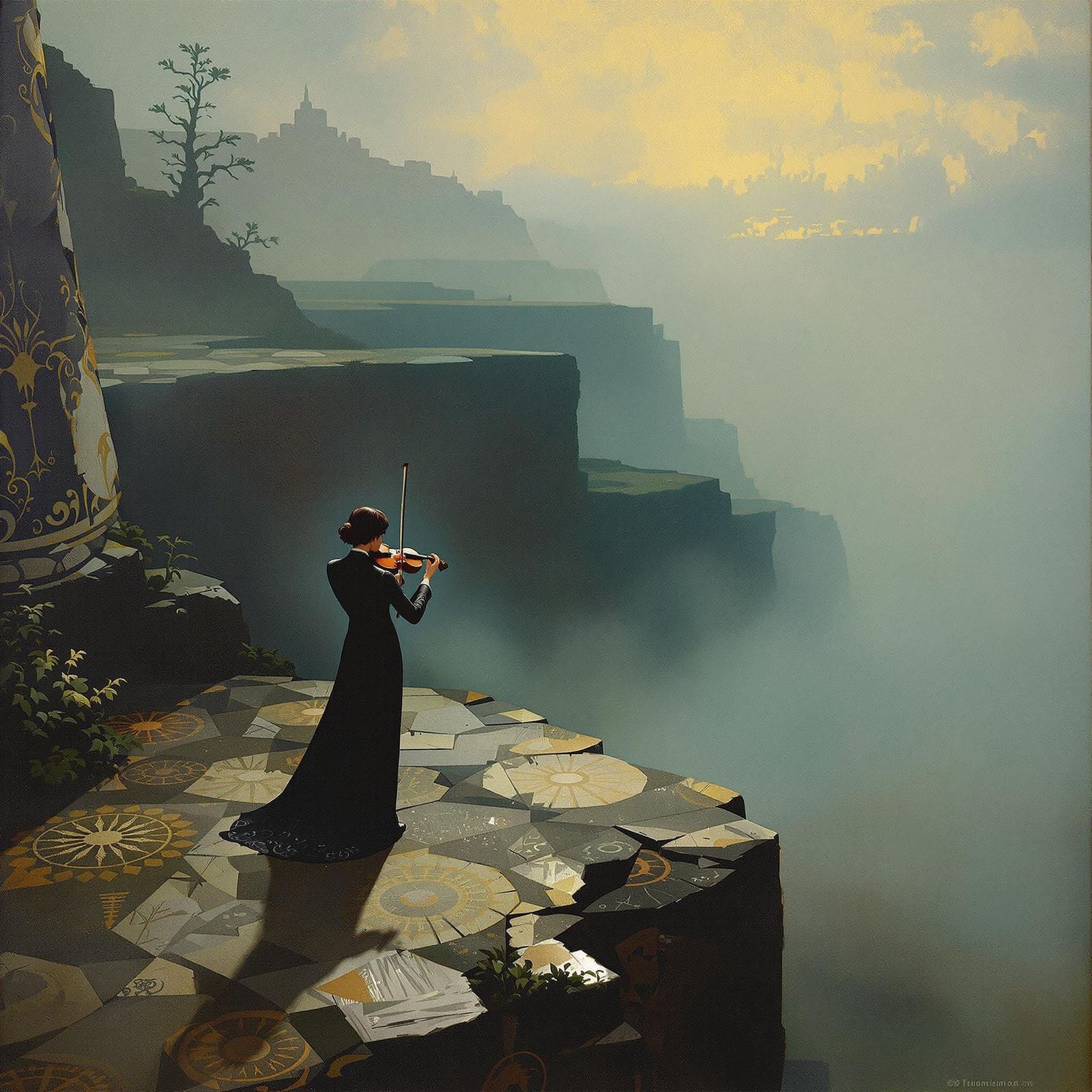 Ethereal Violinist in Art Nouveau Landscape