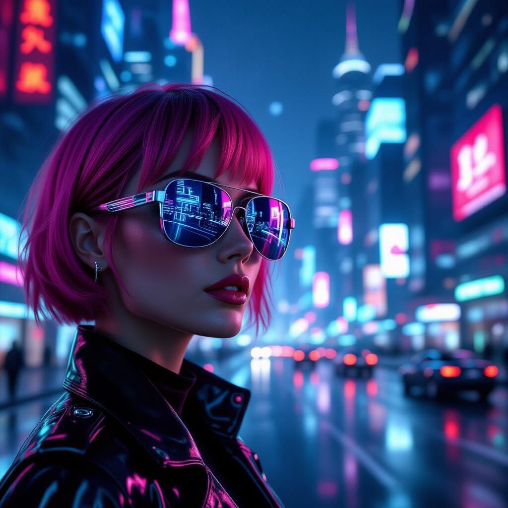 Neon Cityscape Reflected in Sunglasses, Photorealistic Style