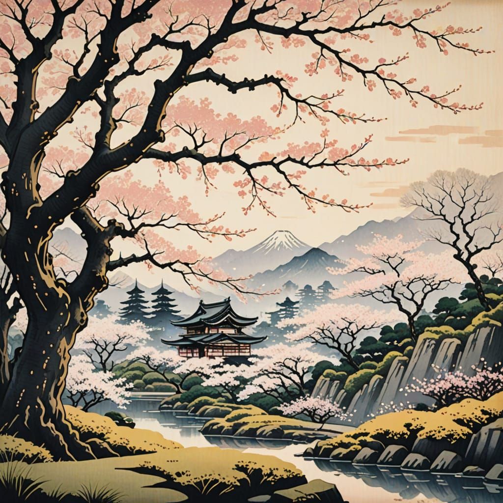 Cherry Blossom Tree in Ukiyo-e Style