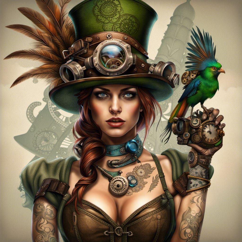Beautiful Tattooed Steampunk Woman in Copper and Feathers