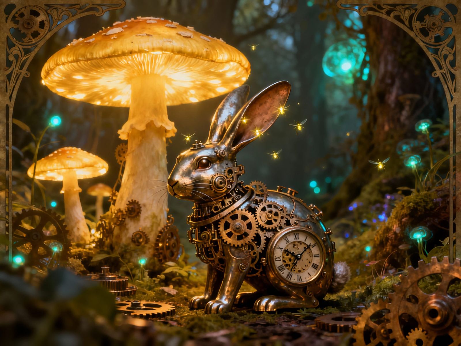 Clockwork Rabbit in Glowing Mushroom Labyrinth