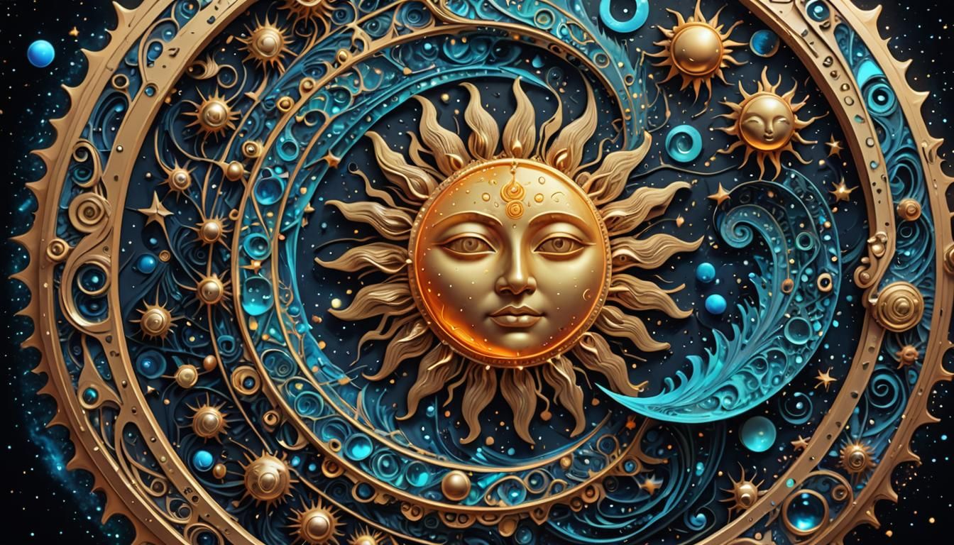 Bioluminescent Sun and Moon Holographic Astral Illustration