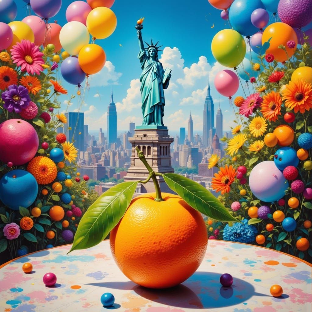 Vibrant Cityscape with Orange and Statue of Liberty