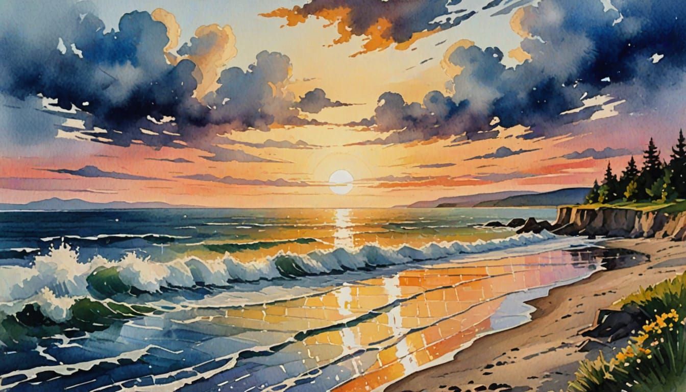 Scandinavian Midsummer Shore in Gouache Watercolor