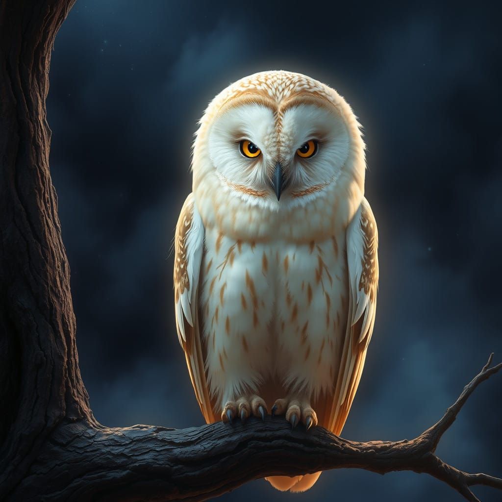 Majestic Golden-White Owl Perched on a Gnarled Tree Branch a...