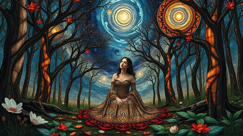 Surreal Forest Figure in Stained Glass Glade