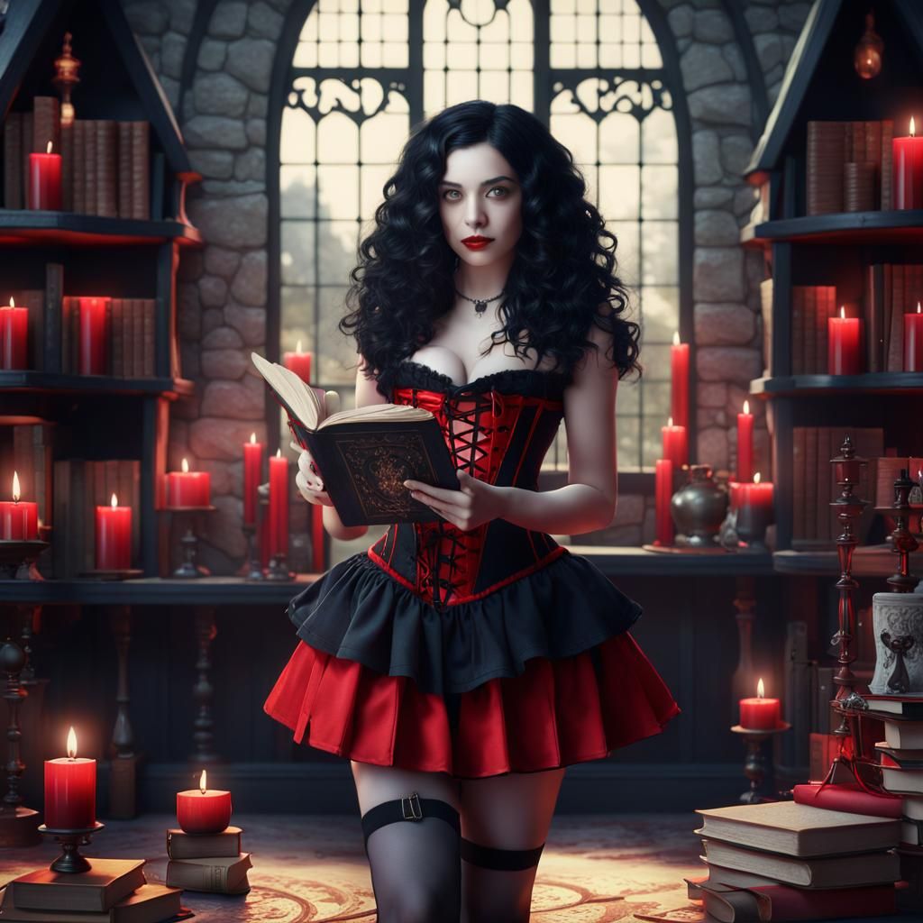 Young Witch Reading Spellbook in Gothic Home