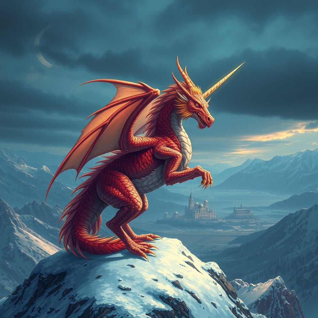 Majestic Dragon Unicorn Standing on Snowy Mountain Kingdom