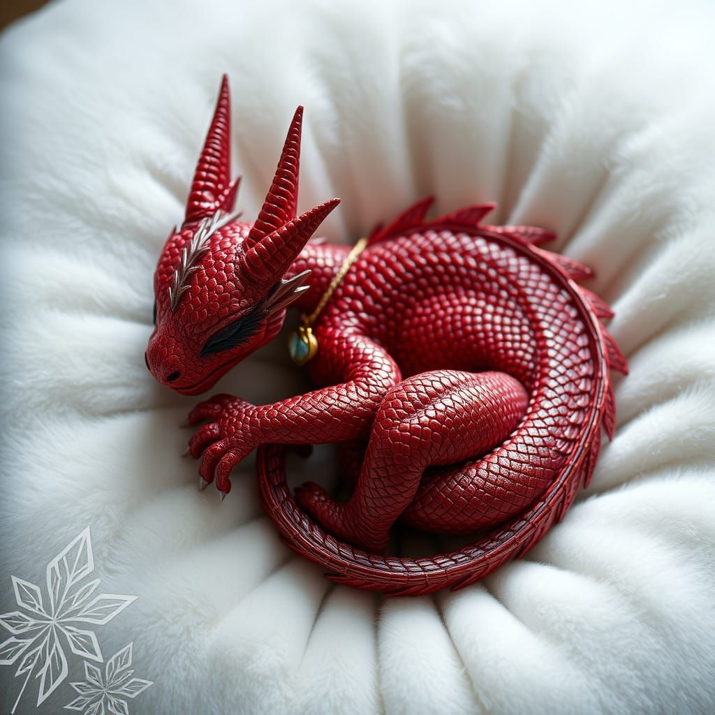 Miniature Red Dragon Asleep on Velvet Cushion
