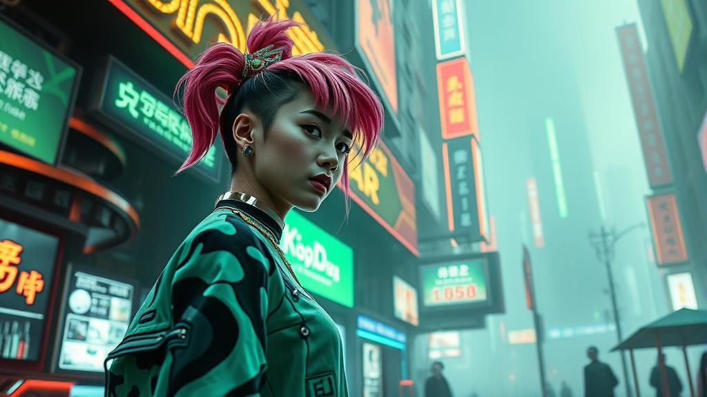 Woman in Dystopian Bar: Hyperrealistic Sci-Fi Scene