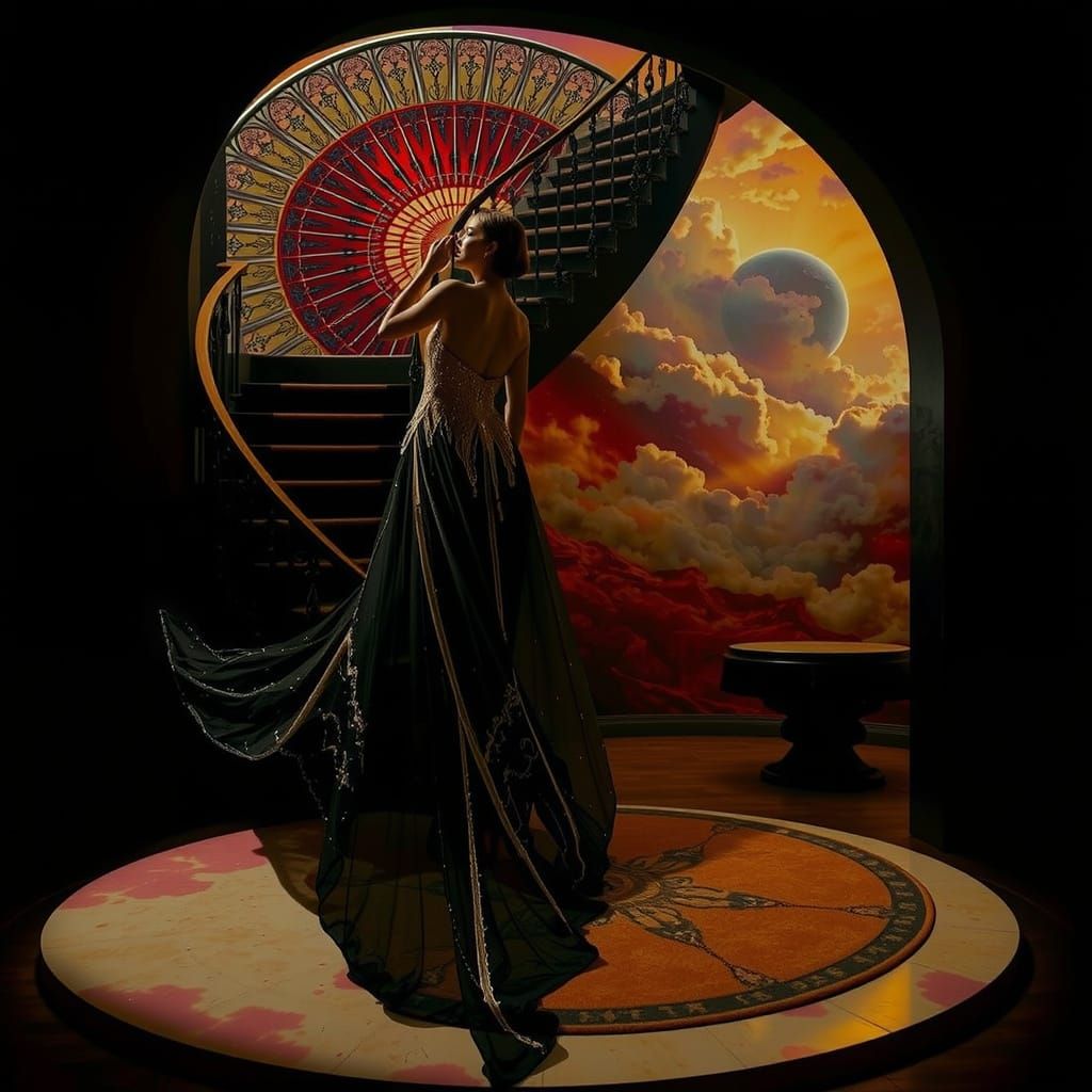 Art Deco Woman Ascending Abstract Staircase