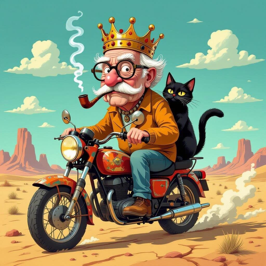 Old Man on Crooked Motorbike with Black Cat