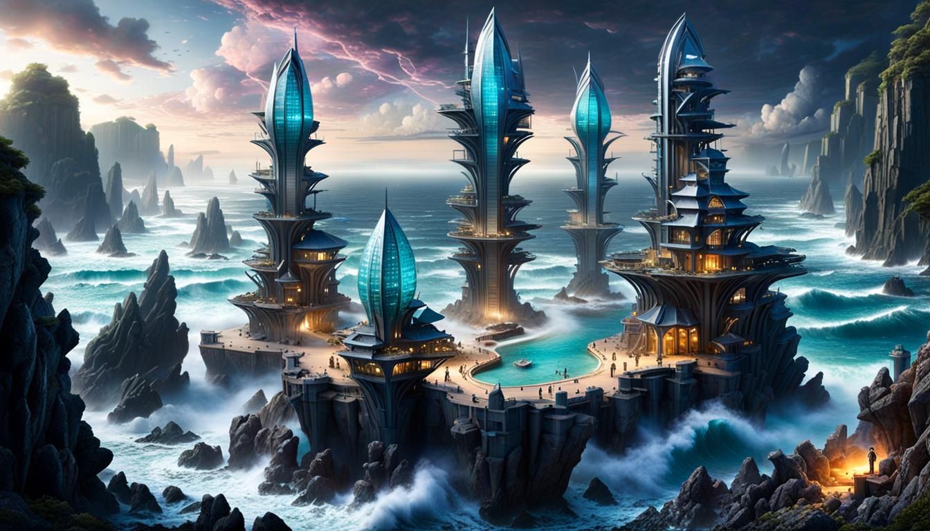 Futuristic Post-Apocalyptic Ocean Fortress in Hyperrealism